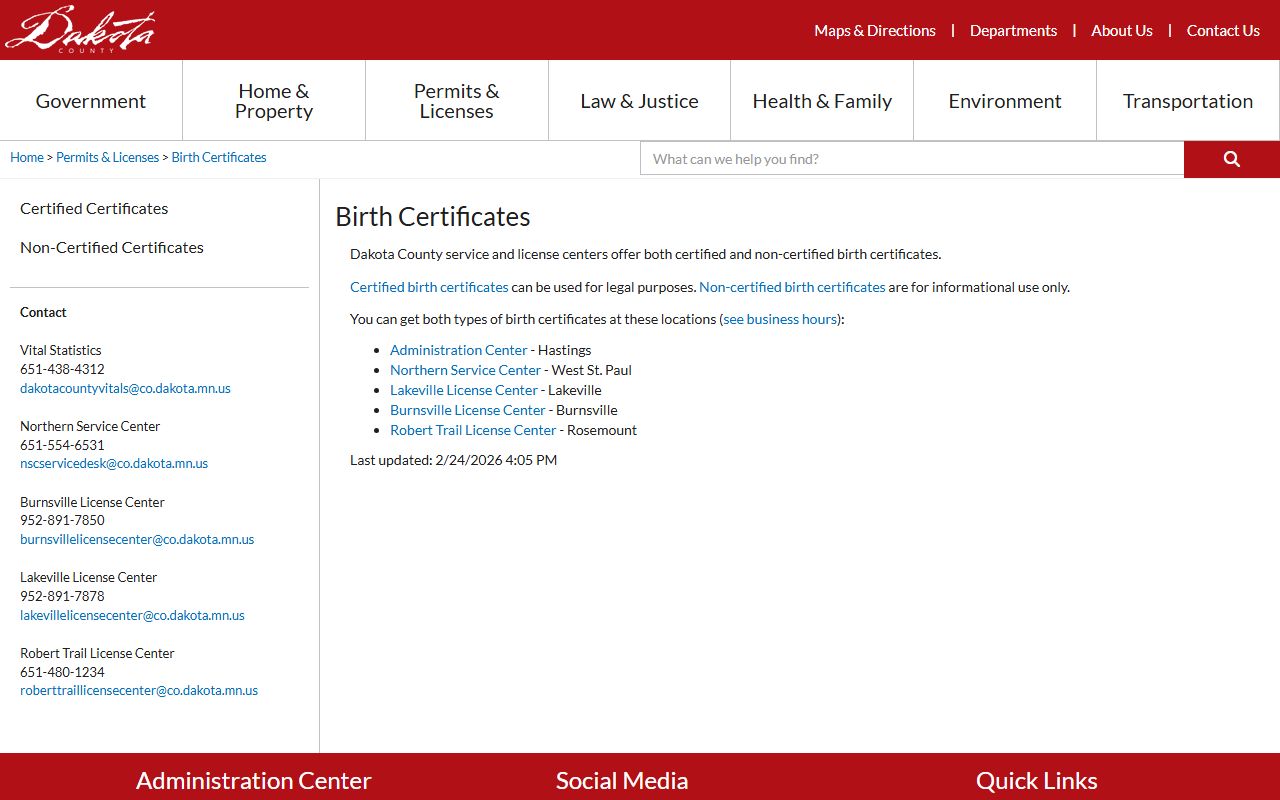 Dakota County birth certificates page for Apple Valley residents