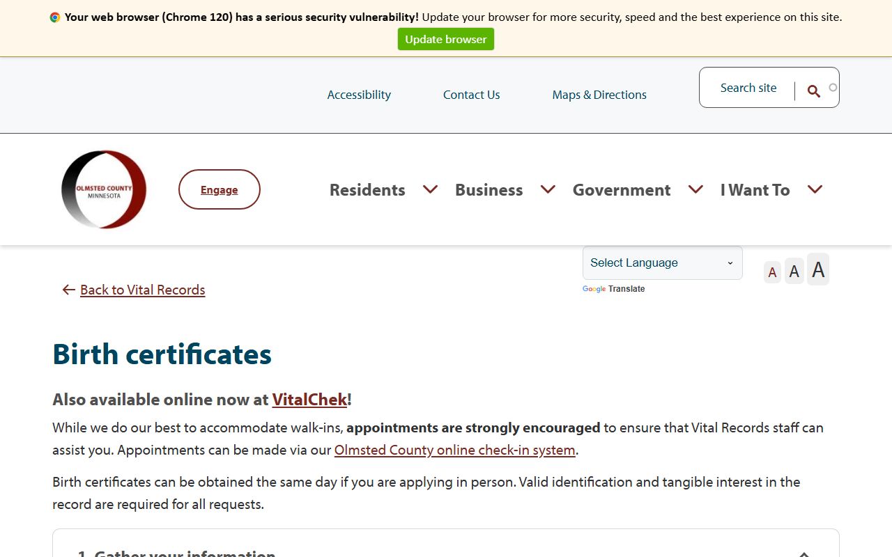 Olmsted County Rochester birth certificates page showing how to request birth records in Rochester Minnesota