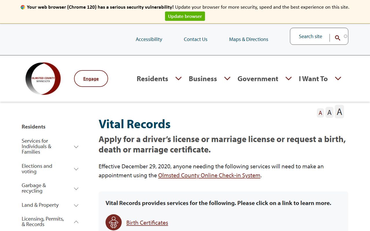 Olmsted County vital records page showing all vital record services available in Rochester Minnesota