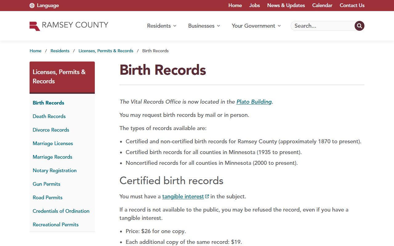 Ramsey County St. Paul birth certificates page showing birth record request process