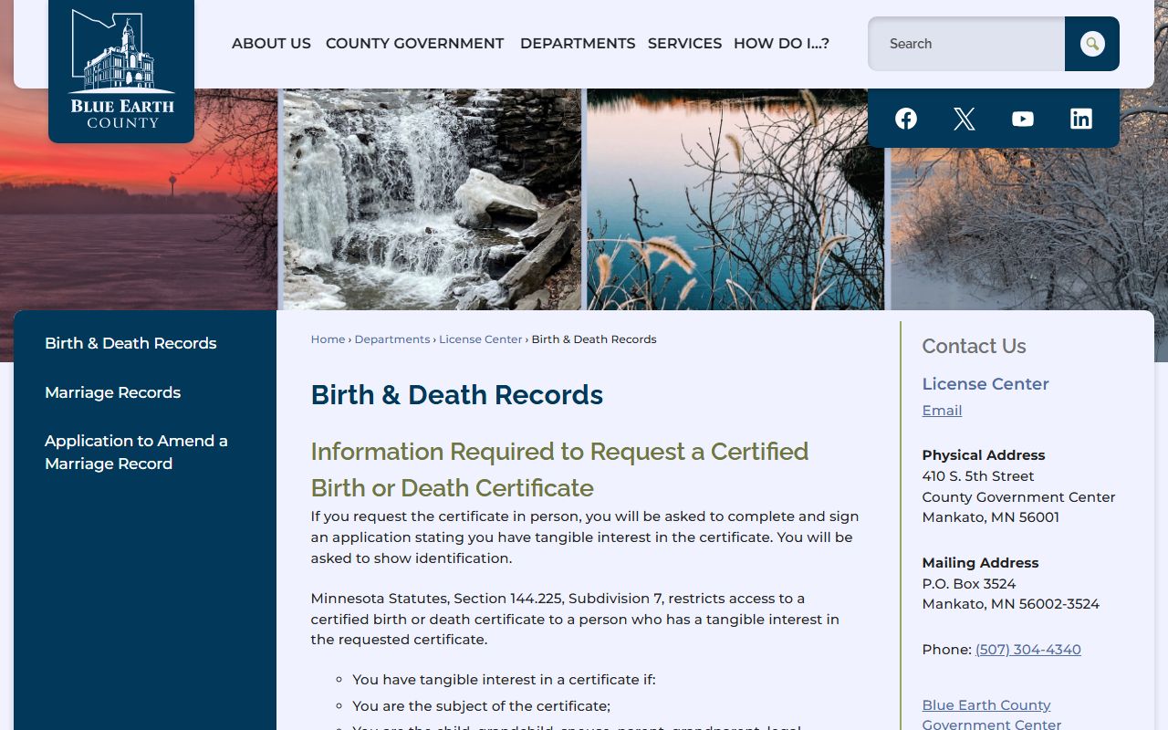 Blue Earth County birth and death records page for certified copies