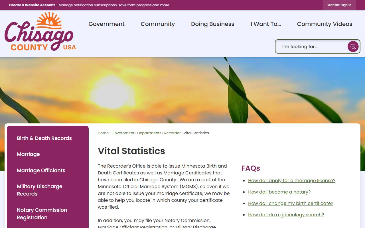 Chisago County Vital Statistics department page for birth certificate requests
