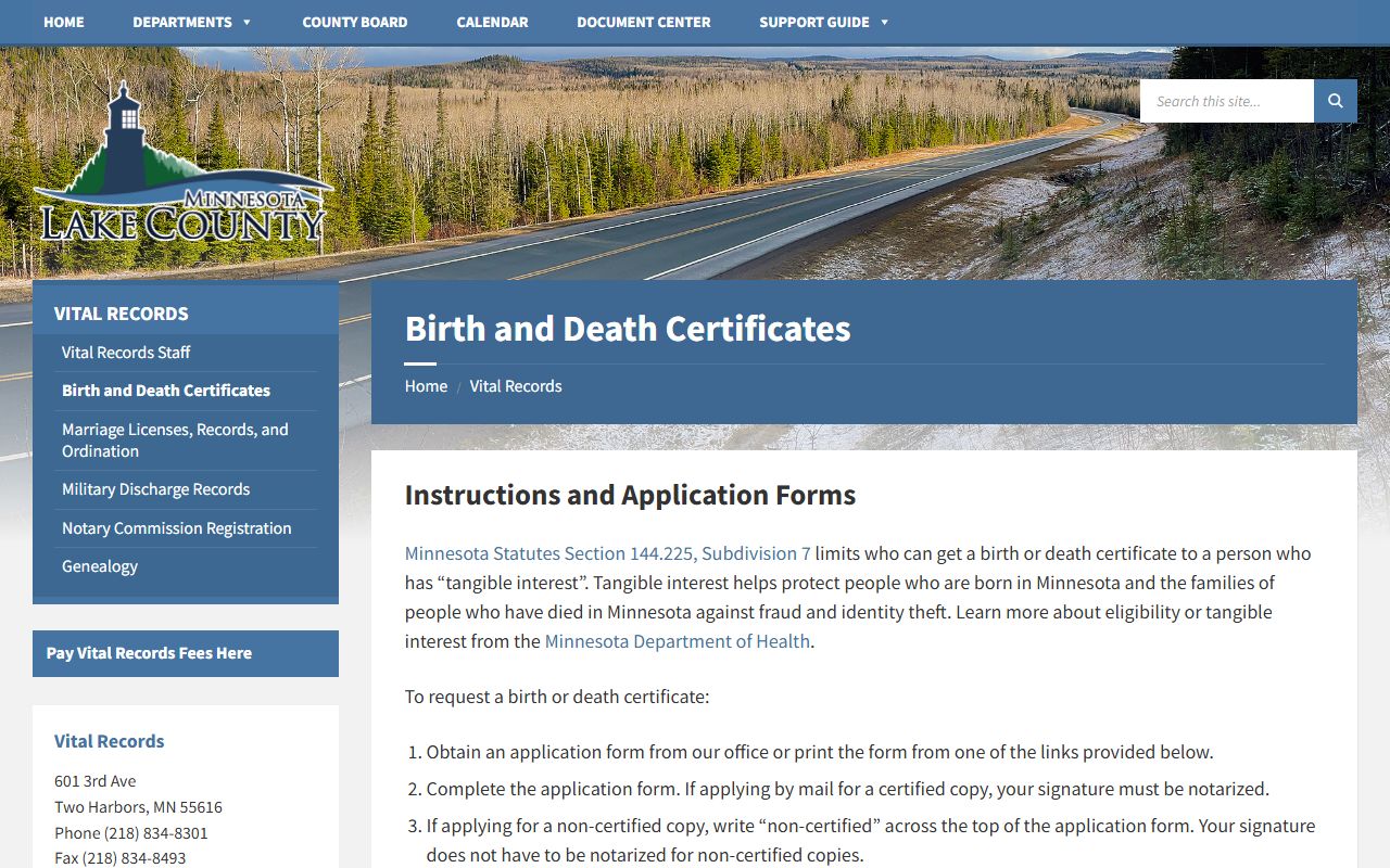 Lake County vital records birth certificates Two Harbors Minnesota