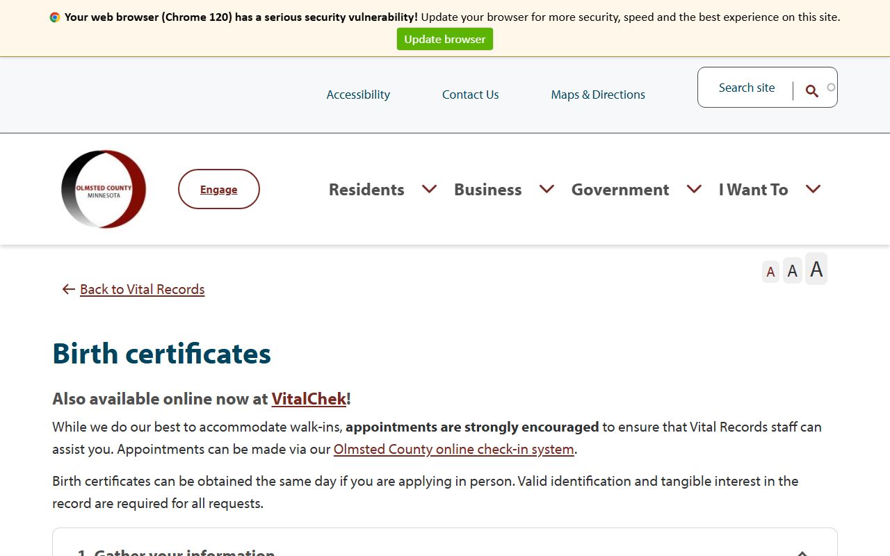 Olmsted County birth certificates request page
