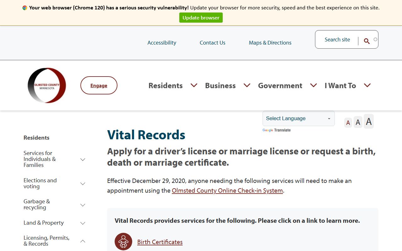 Olmsted County vital records page for birth certificates