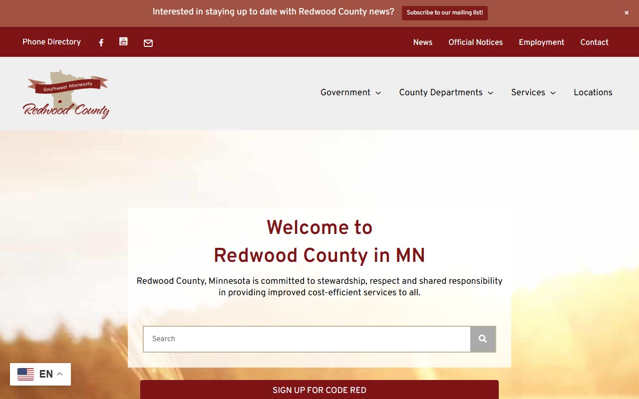 Redwood County main website page for birth certificates and vital records