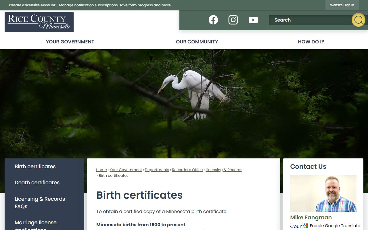 Rice County birth certificates page showing request instructions and fees