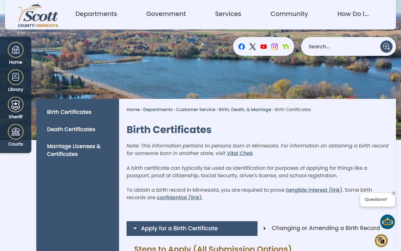 Scott County birth certificates page on the county Recorder website