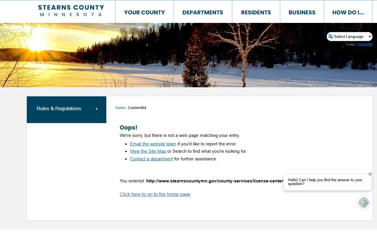 Stearns County License Centers page with birth certificate request information