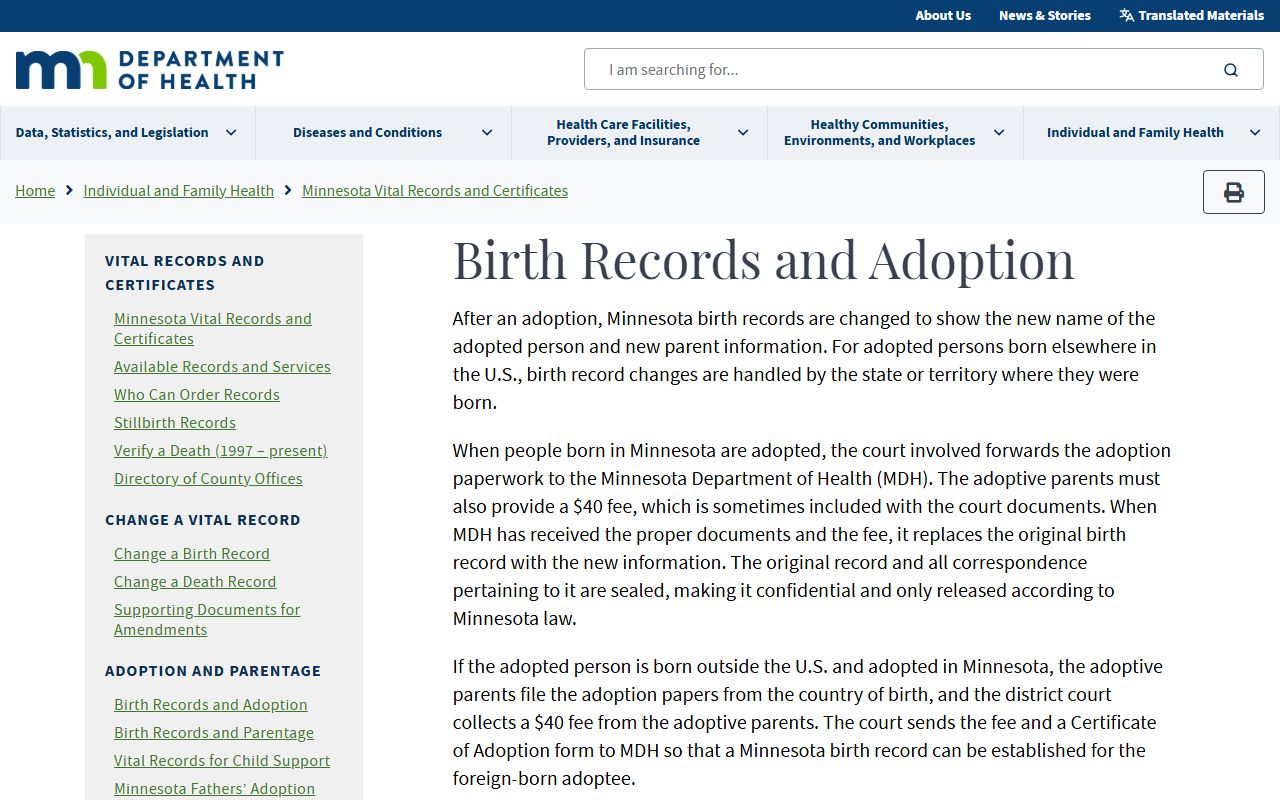 Minnesota Department of Health adoption records page showing original birth record access