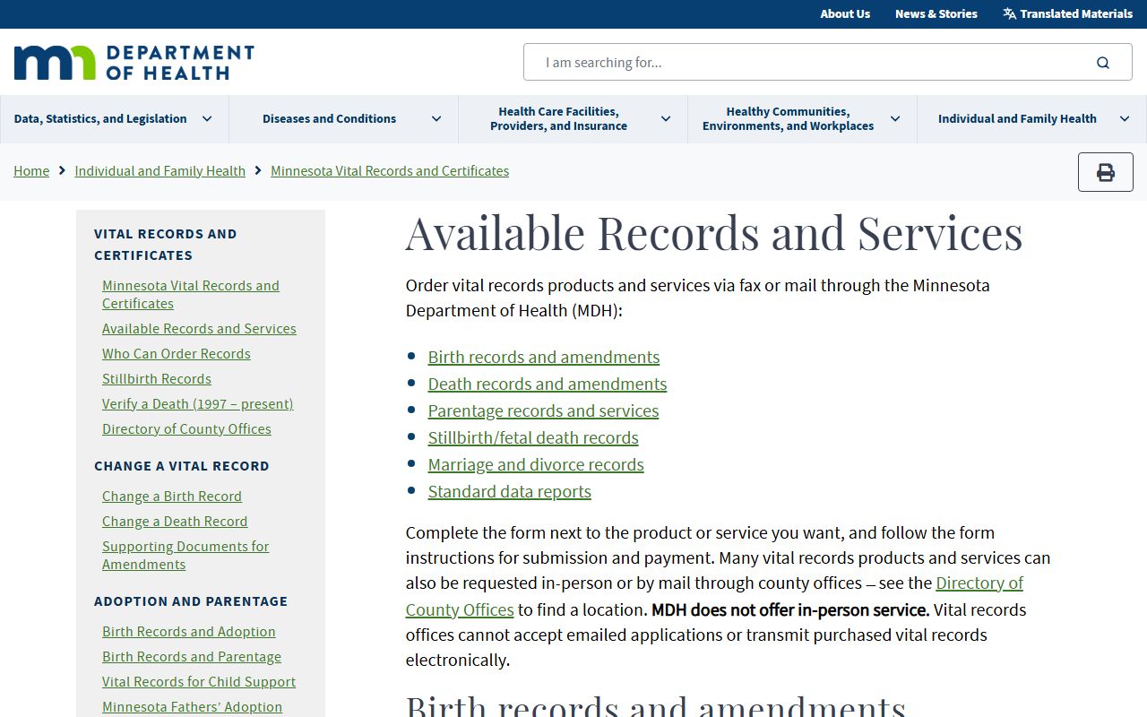 Minnesota Department of Health birth records order page showing how to request birth certificates