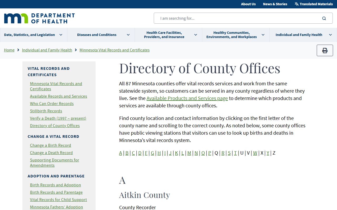 Minnesota Department of Health directory of county vital records offices for birth records