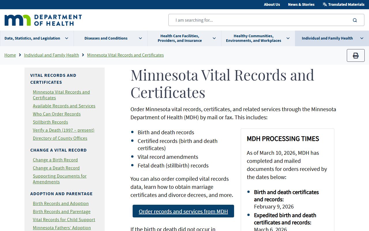Minnesota Department of Health Vital Records main page showing birth records services